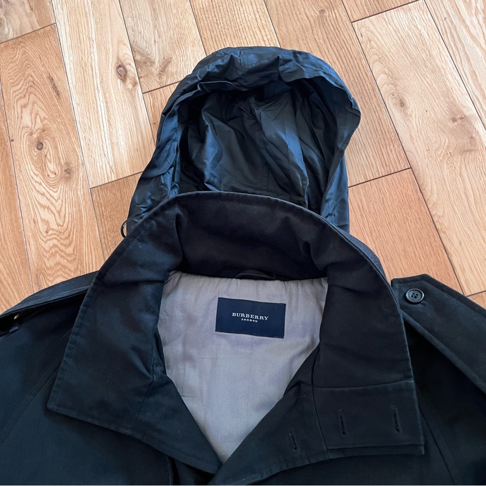 Burberry Mens Black Belted Hidden Hood Button Front Coat 100% Cotton Size 56 - Picture 7 of 12
